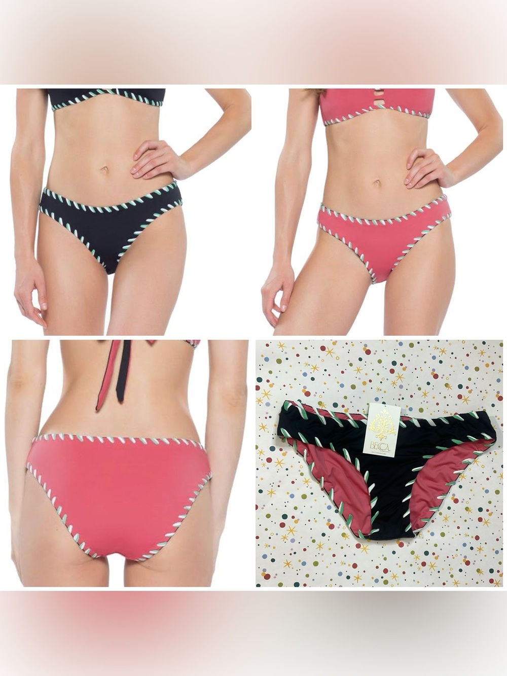 NWT Becca Camille Reversible American Fit Bikini Bottom Size Medium Black Pink
